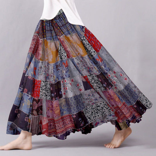 Vintage Floral Patchwork Pattern Flowy Wide Skirt artswardrobe
