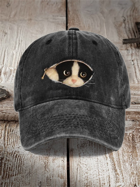 Peeking Cat Felt Art Zipper Washed Cap elevenforest