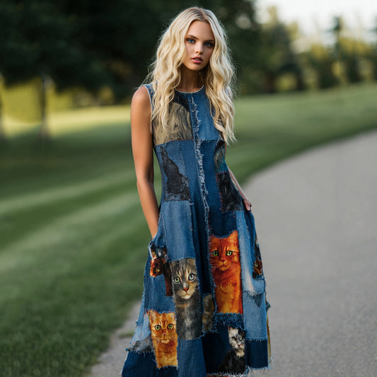 Women's Patchwork Cat Design Midi Dress elevenforest