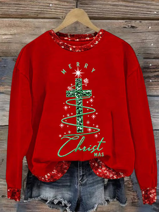 Comstylish Women's Christmas Cross Print Round Neck Sweatshirt