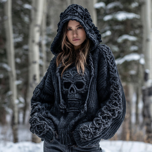 Women' Vintage Viking Tribal Celtic Skull Art Chunky Knit Hooded Sweater artswardrobe