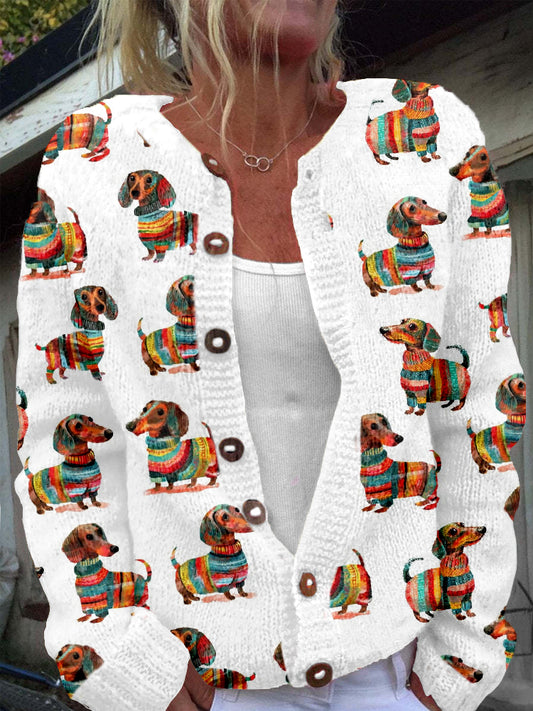 Comstylish Colorful Dachshund Pattern Crew Neck Cozy Cardigan