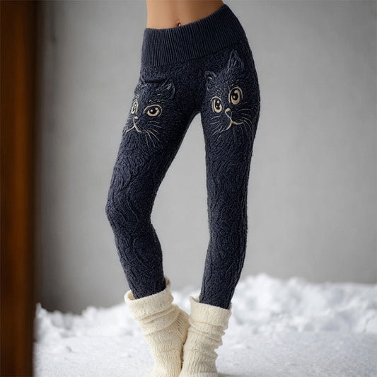 Cute Cat Face Embroidered Comfy Knit Leggings elevenforest