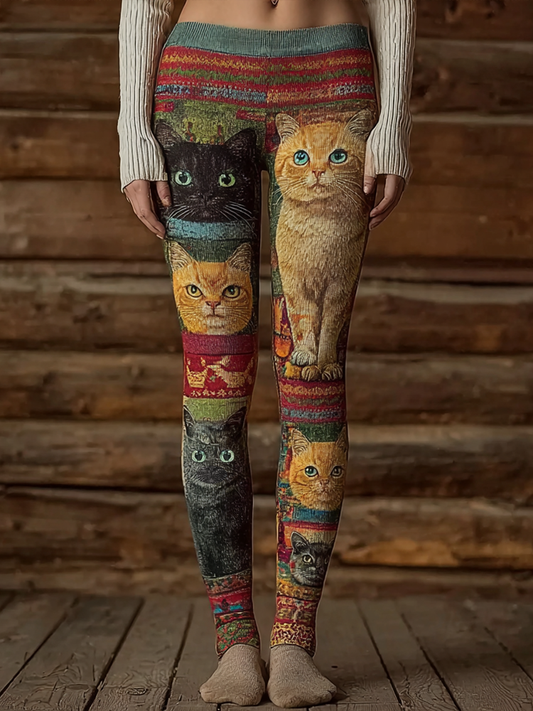 Comstylish Retro Cat Print Women's Tight Knit Leggings