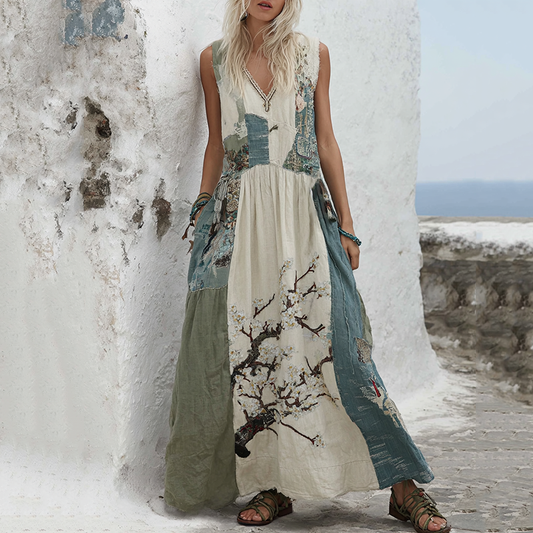 Vintage Cherry Blossoms Splicing  Art Linen V Neck Long Dress artswardrobe