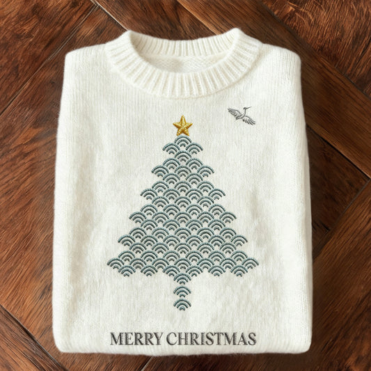 Comstylish Japanese Waves Christmas Tree Embroidered Cozy Sweater