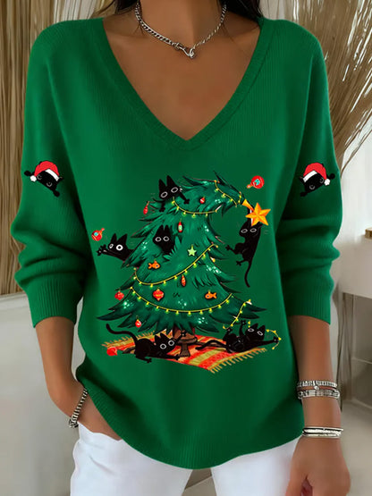 Women's Christmas Funny Cat Printed Tops elevenforest