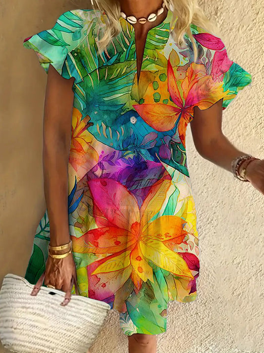 Flower Print Ruffled Short-sleeved V-neck Buttoned Dress Vacation Beach Dress
