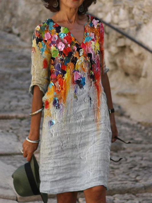 V Neck Casual Floral Oil Painting Print Dress