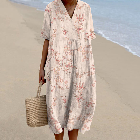 Comstylish Women Vintage Floral Art Printed Casual Midi Dress