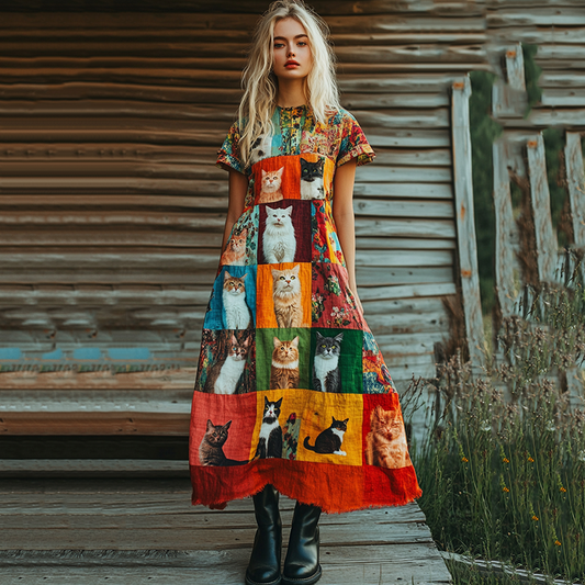 Comstylish Pop Art Cute Cat Patchwork Design Cotton Linen Dress