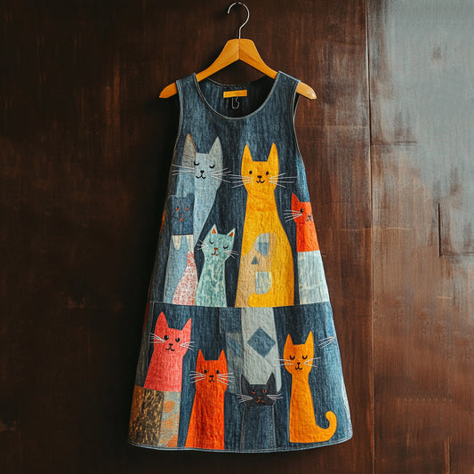 Pop Art Cat Patchwork Casual Denim Midi Dress elevenforest