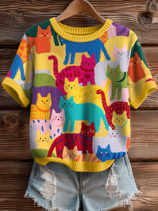Women's Colorful Cats Pattern Cozy Knit Top artswardrobe