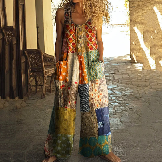 Women's Retro Floral Patchwork Art Print Casual Jumpsuit artswardrobe