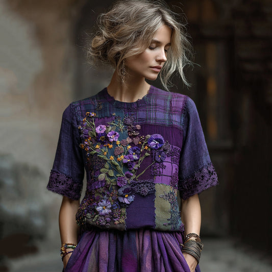Women's Embroidered Pansy Floral Patchwork Check Short Sleeve T-shirt artswardrobe