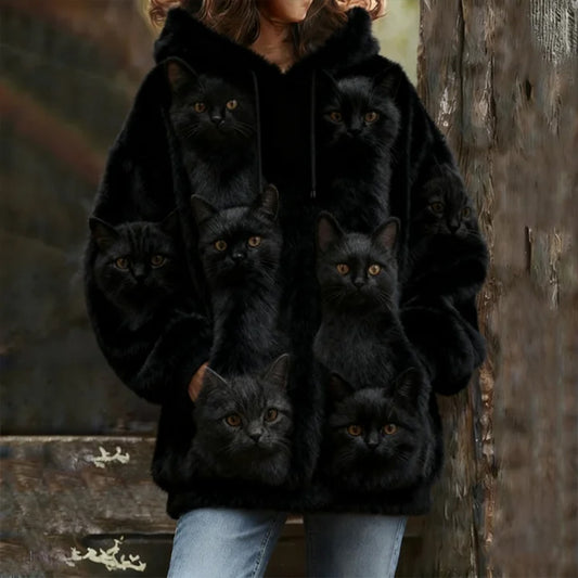Probe Cute Cat Flannel Hoodie elevenforest