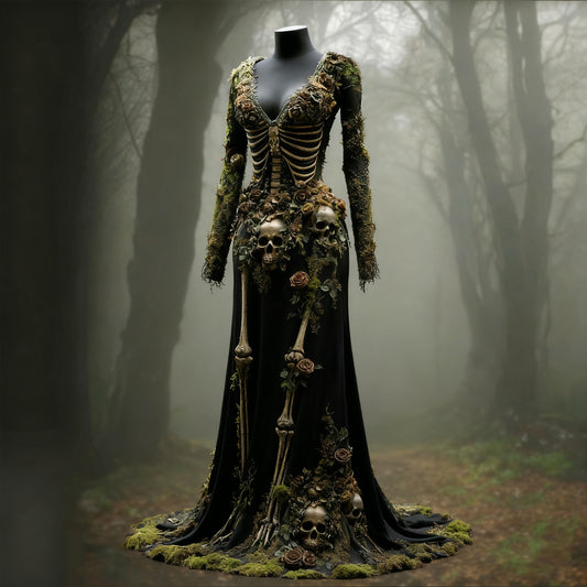 Comstylish Women's Halloween Skull Flower Moss Witch Velvet Maxi Dress