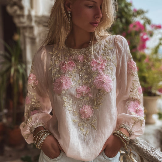Comstylish Women's Vintage Three-dimensional Flower Pattern Pink Long-sleeved Casual Top