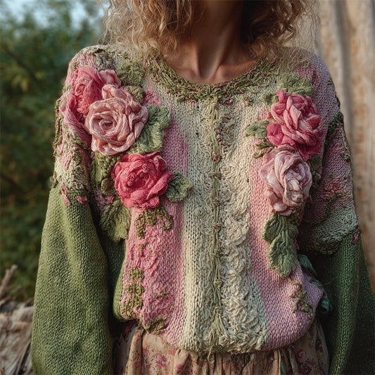 Cottage Pink Roses Crochet Embroidered Colorblock Cozy Sweater artswardrobe