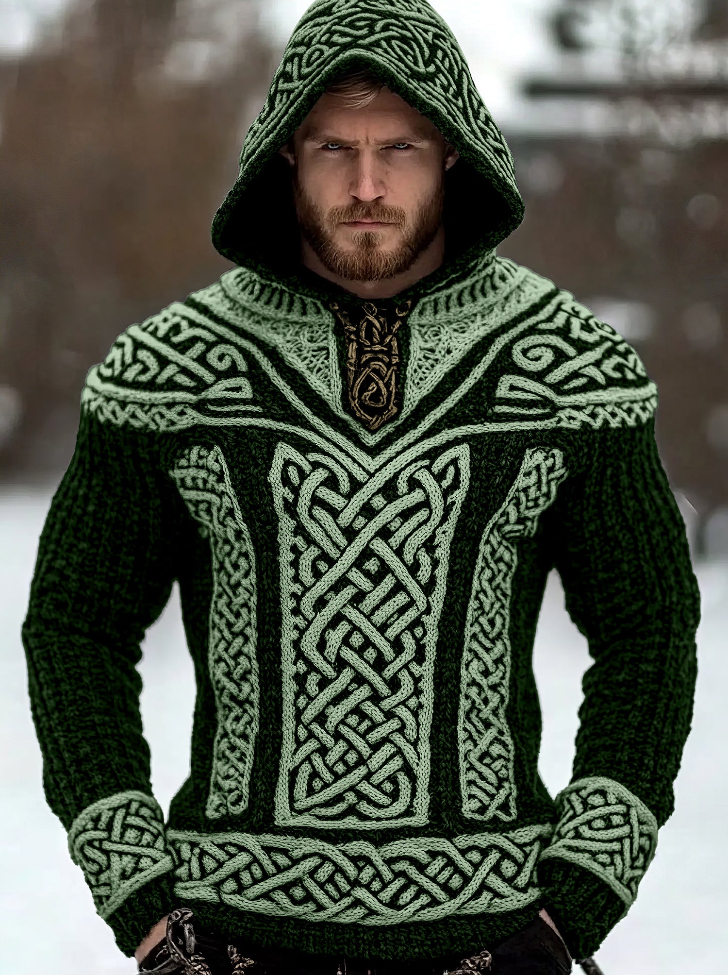 Men's Viking Tribal Jacquard Celtic Hooded Sweater artswardrobe