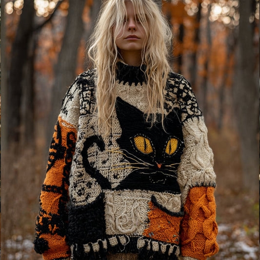 Comstylish Women's Halloween Cat-cat Patchwork Round-neck Sweater