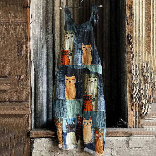 Comstylish Casual Pop Cat Patchwork Cotton Linen Jumpsuits