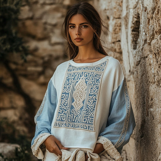 Vintage Greek Key Motif Patchwork Cotton Linen Contrast Shirt artswardrobe
