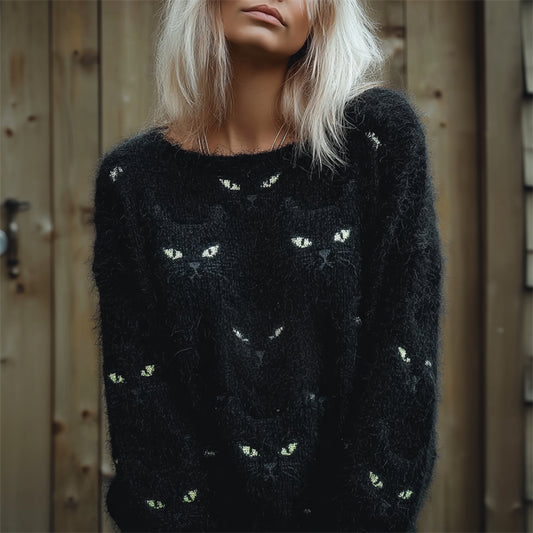Black Cat Faces Fuzzy Cozy Knit Sweater elevenforest