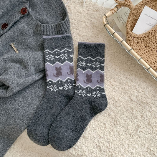 Comstylish Fair Isle Style Kitten Wool Mid-calf Socks