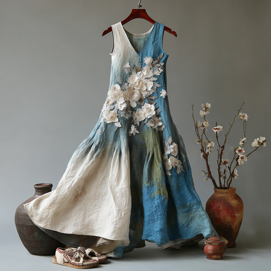Comstylish Women's Vintage Japanese Floral Art Gradient Casual Linen Sleeveless Dress