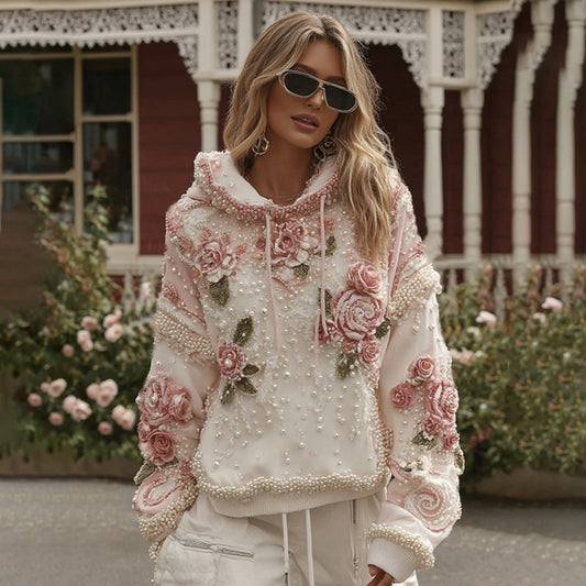Comstylish Women's Classic Rose Embroidery Art Comfy Hoodie