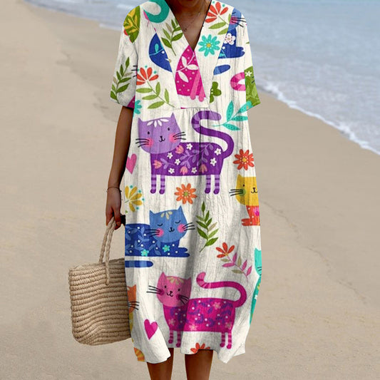 Women's Colorful Cat Art Print V-neck Dress elevenforest
