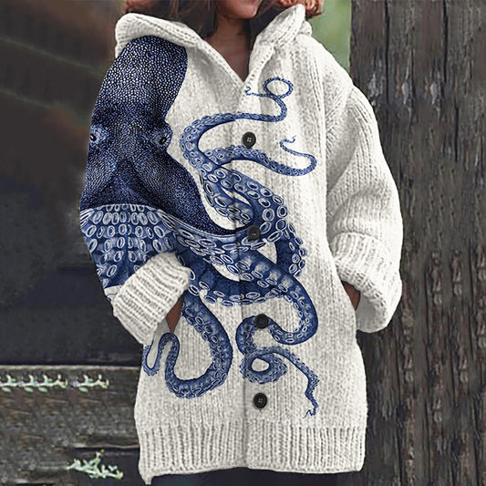 Comstylish Japanese Art Octopus Print Long Sleeve Knitted Hooded Cardigan
