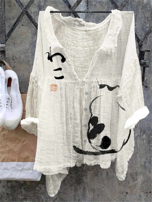 Japanese Art Cat Print Linen Loose Shirt elevenforest