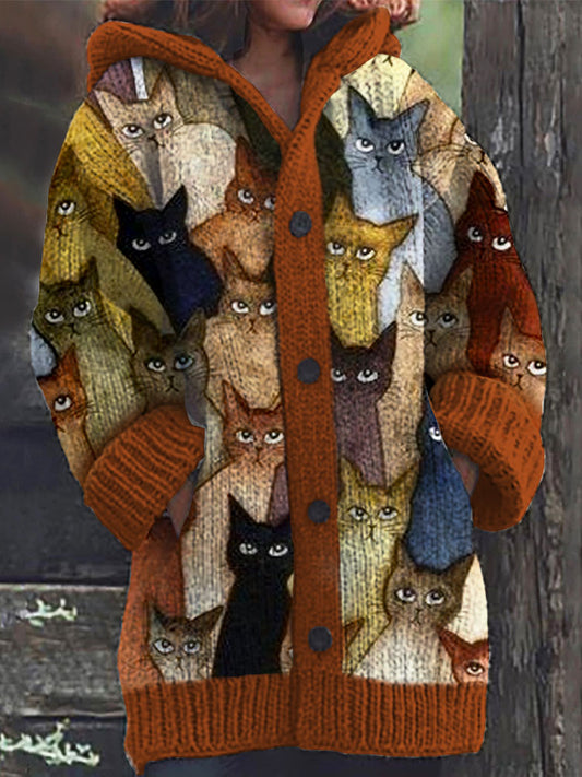 Colorful Cats Pattern Cozy Hooded Cardigan artswardrobe