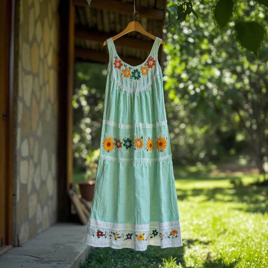Women's Vintage Bohemian Floral Panel Sleeveless Dress artswardrobe