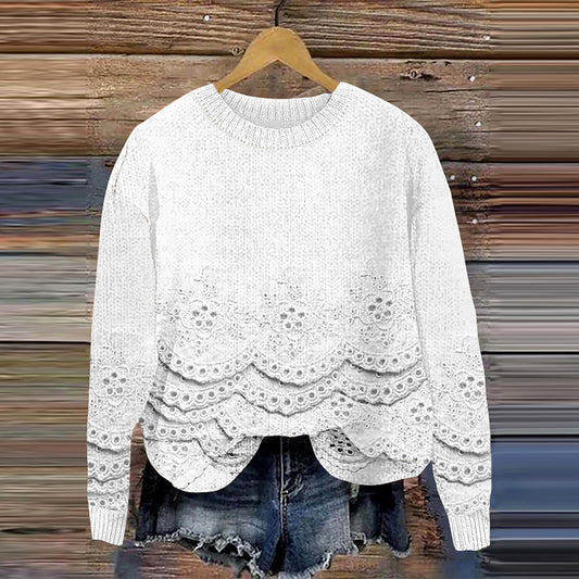 Vintage Floral Embroidery Lace Art Cozy Knit Crew Neck Sweater artswardrobe