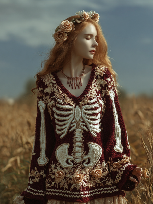 Comstylish Ladies' V-neck Knitted Sweater With Halloween-themed Line Art And Botanical Floral Design.