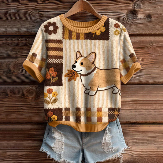 Vintage Corgi Dog With Felt In Autumn Inspired Embroidered Short Sleeve Cozy Knit Sweater elevenforest