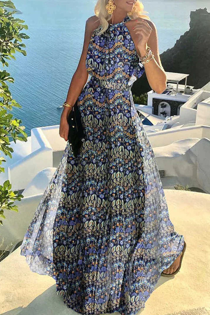 KS | Bohemian print patchwork halterneck pleated dresses
