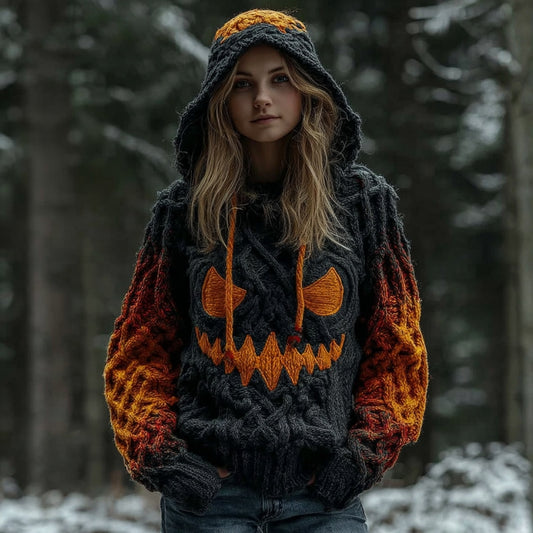 Women's Halloween Spooky Pumpkin Art Gradient Vintage Cozy Knit Hooded Sweater artswardrobe