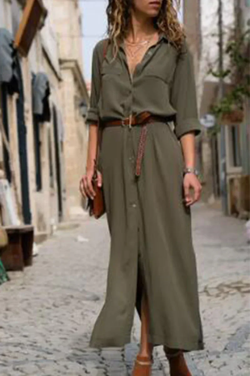 KS | Casual shirt dress with turn-down collar and monochrome patchwork