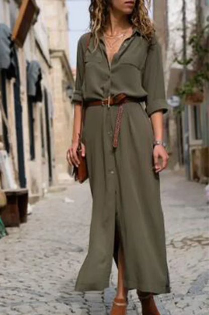 KS | Casual shirt dress with turn-down collar and monochrome patchwork