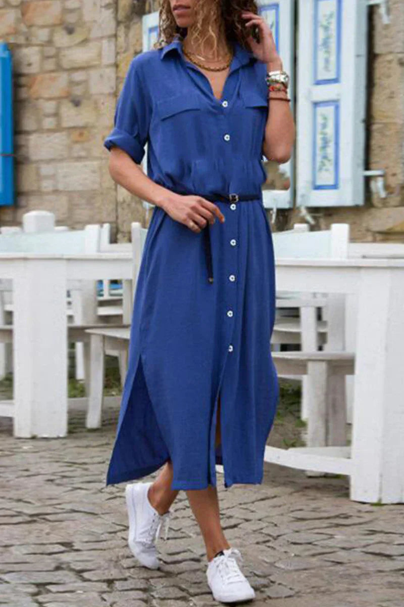 KS | Casual shirt dress with turn-down collar and monochrome patchwork