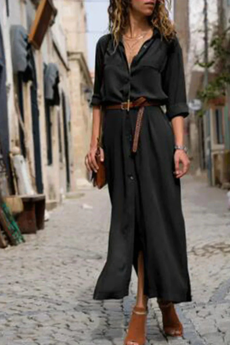 KS | Casual shirt dress with turn-down collar and monochrome patchwork