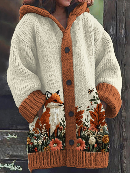 Forest Fox & Flowers Embroidered Cozy Knit Hooded Cardigan artswardrobe
