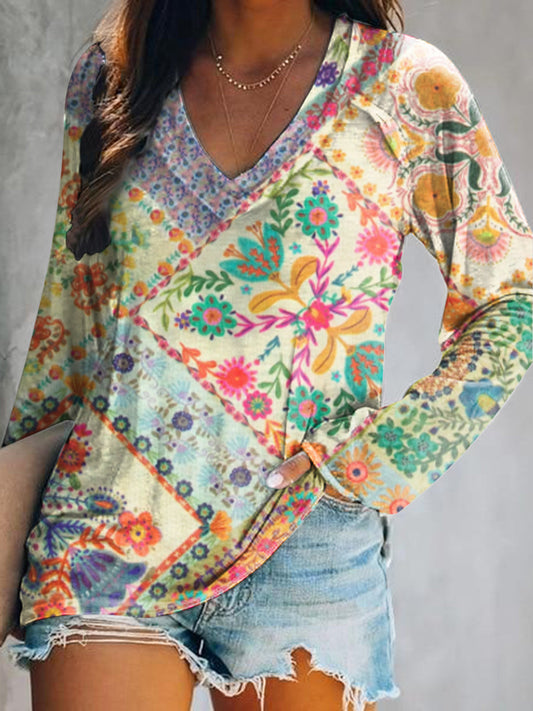 Women's Casual Floral Art Print V Neck Long Sleeve Tops