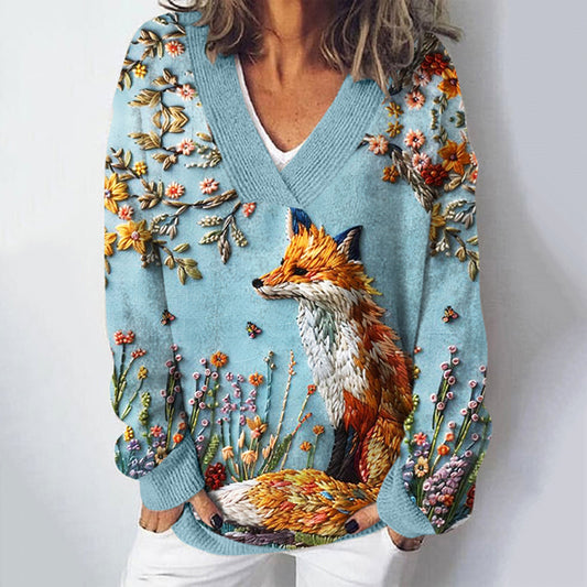 Fox Flower Embroidery Art Print V-Neck Cozy Knit Sweater artswardrobe