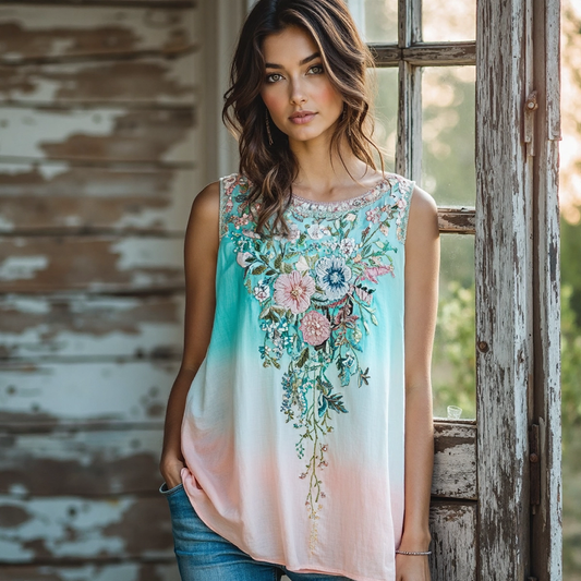 Vintage Bohemian Flowers Embroidery Gradient Art Linen Sleeveless Top artswardrobe