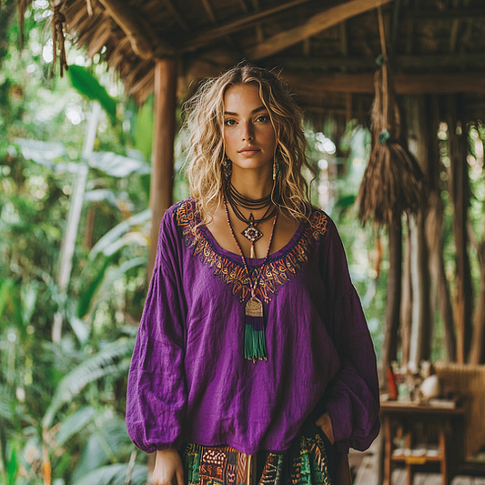 Retro Bohemian Resort Art Embroidery Print Cotton And Linen Blend Loose Blouse artswardrobe